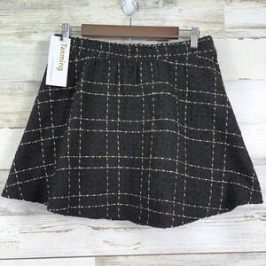 NEW Tanming Black Plaid Wool Blend‎ Tweed Skirt Mini A Line Elastic Waist Size M